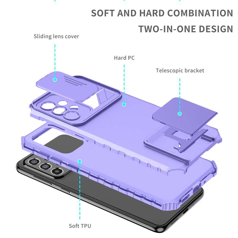 For Samsung Galaxy A33 5G Stereoscopic Holder Sliding Camshield Phone Case(Light Blue)