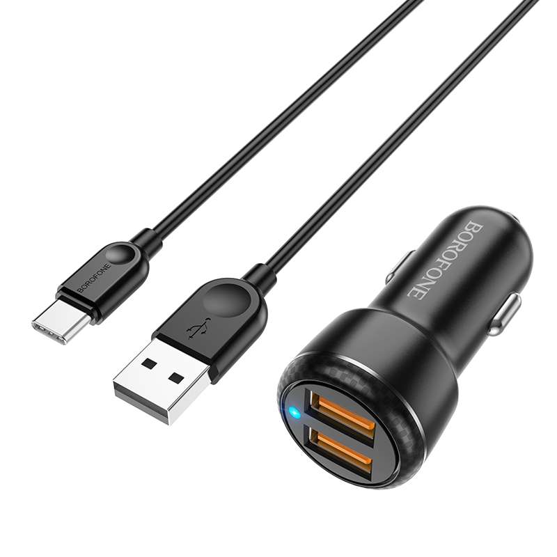 Borofone BZ17 Dual USB Ports QC3.0 Car Charger with Type-C / USB-C Charging Cable(Black)