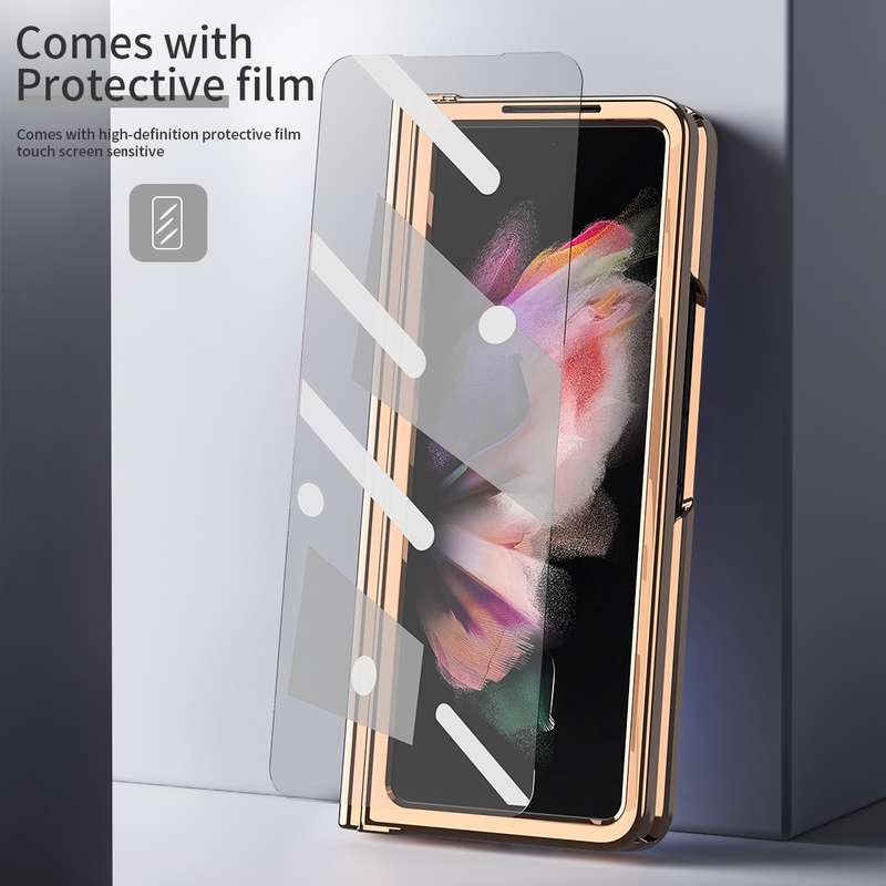 For Samsung Galaxy Z Fold3 Litchi Texture Integrated Electroplating Hinge Flip Phone Case with Pen S