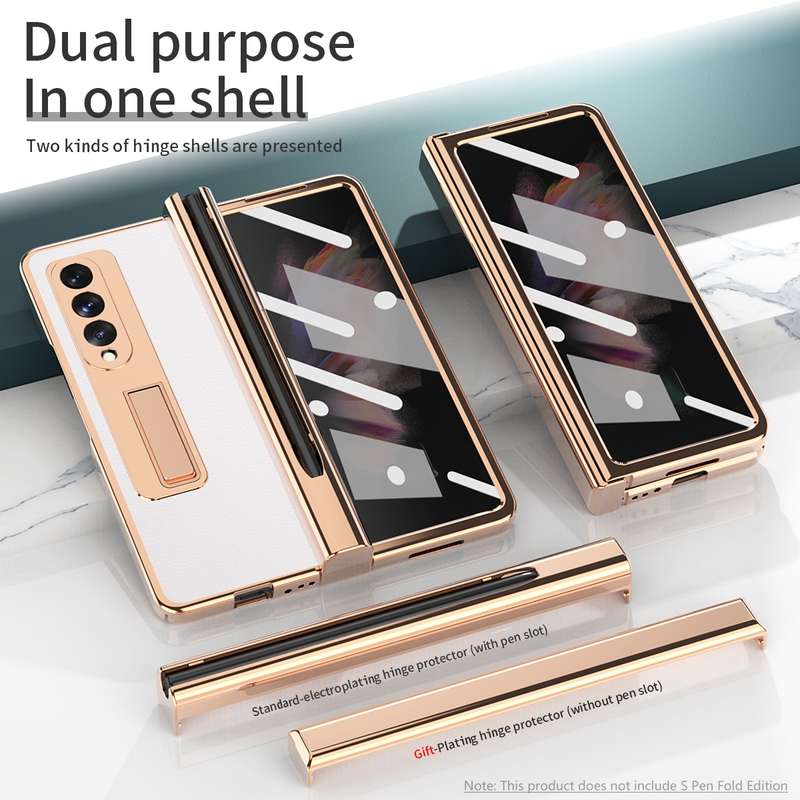 For Samsung Galaxy Z Fold3 Litchi Texture Integrated Electroplating Hinge Flip Phone Case with Pen S