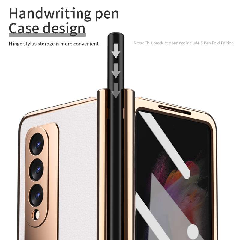 For Samsung Galaxy Z Fold3 Litchi Texture Integrated Electroplating Hinge Flip Phone Case with Pen S