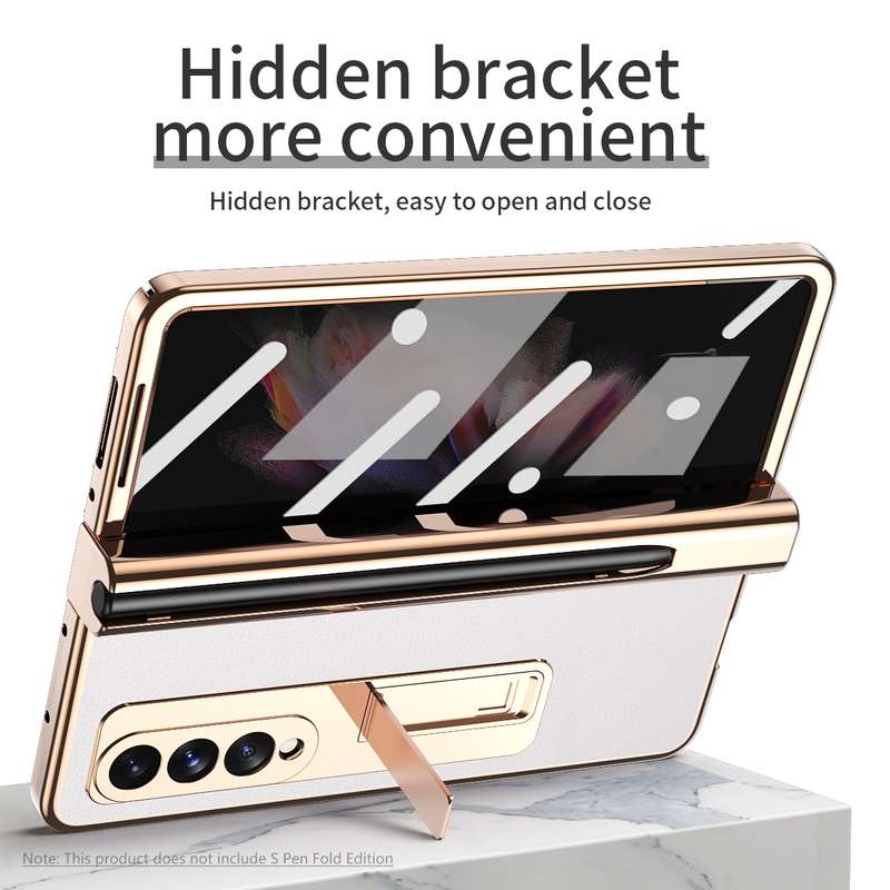 For Samsung Galaxy Z Fold3 Litchi Texture Integrated Electroplating Hinge Flip Phone Case with Pen S