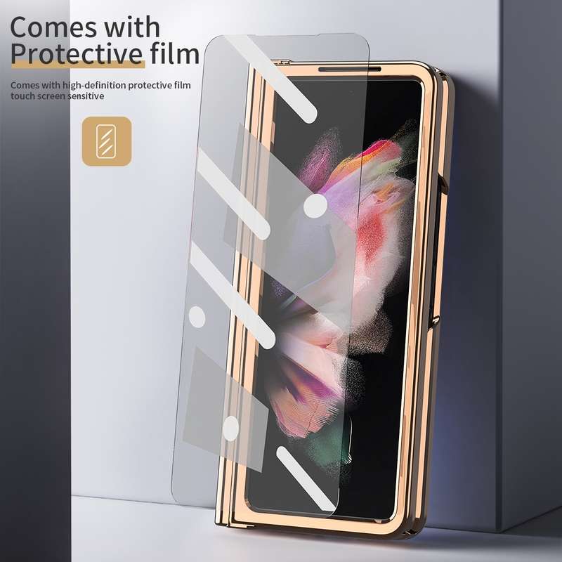 For Samsung Galaxy Z Fold3 Litchi Texture Integrated Electroplating Hinge Flip Phone Case with Pen S