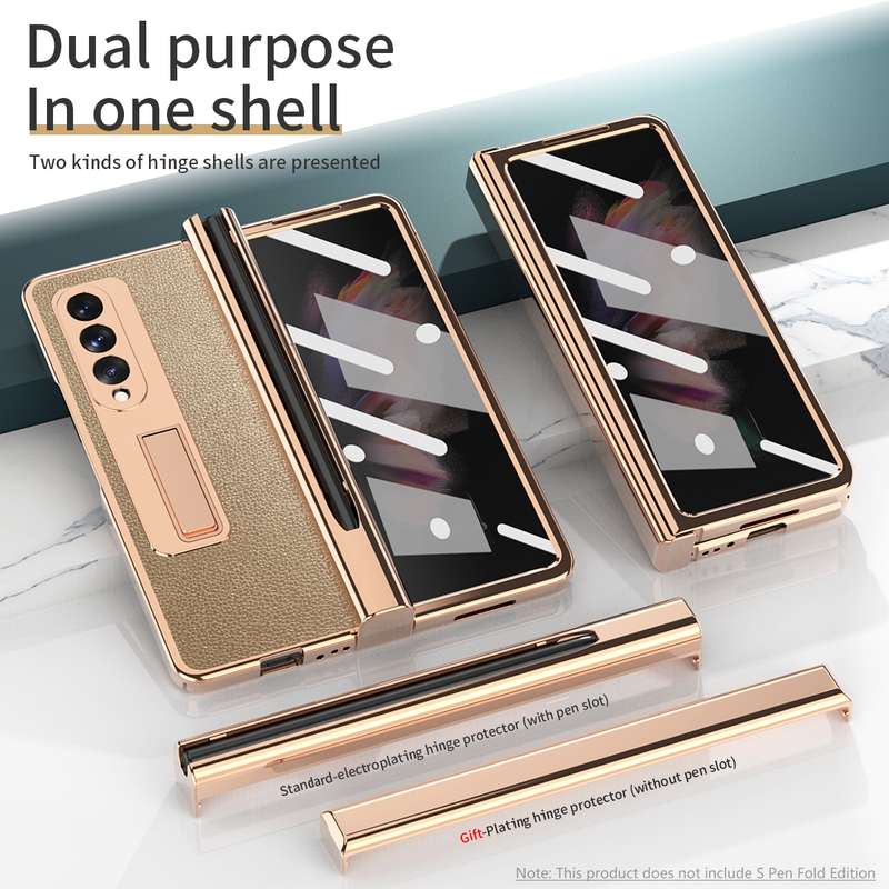 For Samsung Galaxy Z Fold3 Litchi Texture Integrated Electroplating Hinge Flip Phone Case with Pen S
