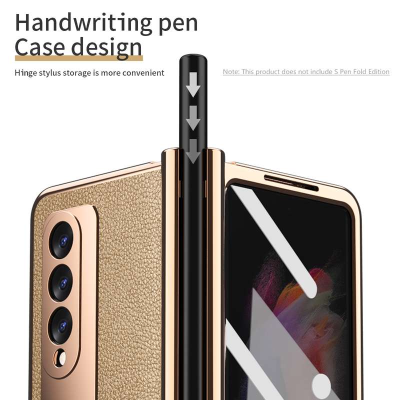 For Samsung Galaxy Z Fold3 Litchi Texture Integrated Electroplating Hinge Flip Phone Case with Pen S