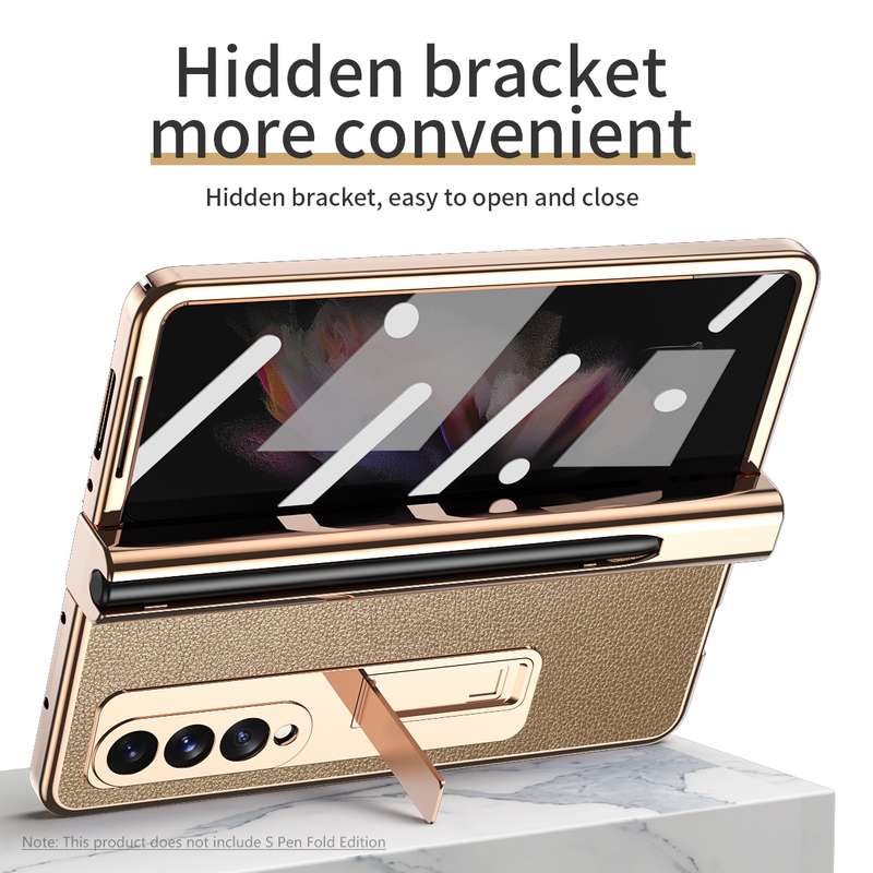 For Samsung Galaxy Z Fold3 Litchi Texture Integrated Electroplating Hinge Flip Phone Case with Pen S