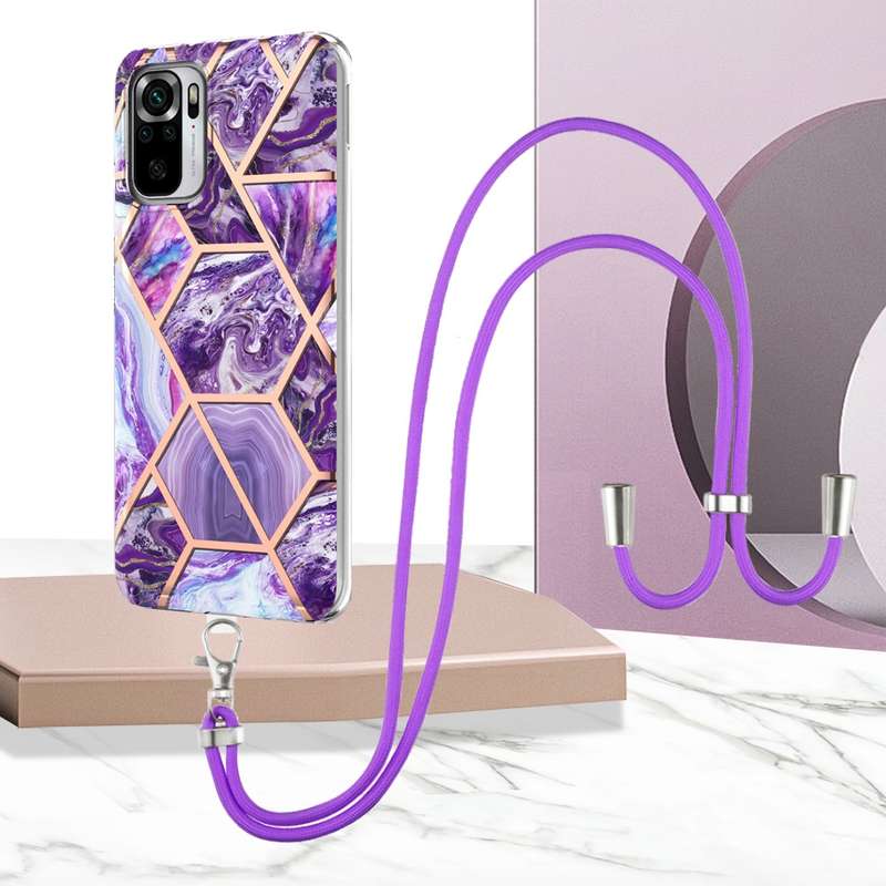 For Xiaomi Redmi Note 10s/Note 10 4G Electroplating Splicing Marble TPU Phone Case with Lanyard(Blue