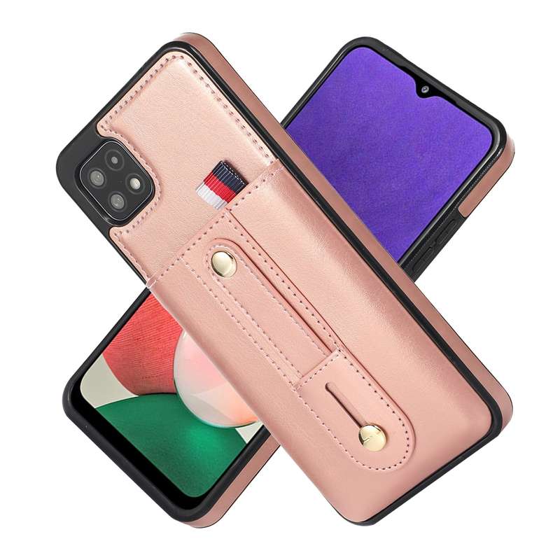 For Samsung Galaxy A22 5G Wristband Kickstand Wallet Leather Phone Case(Rose Gold)