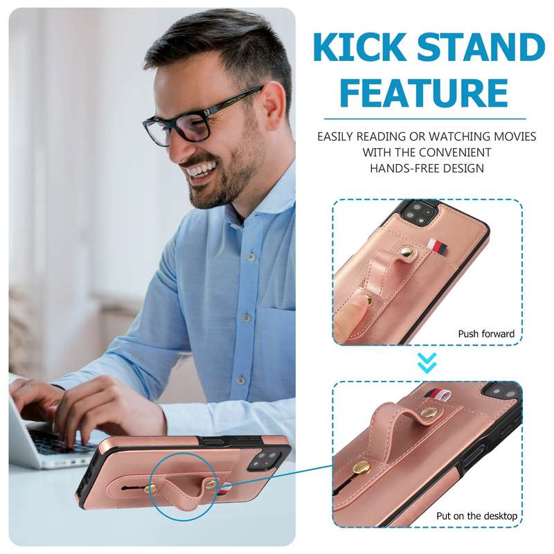 For Samsung Galaxy A22 5G Wristband Kickstand Wallet Leather Phone Case(Rose Gold)