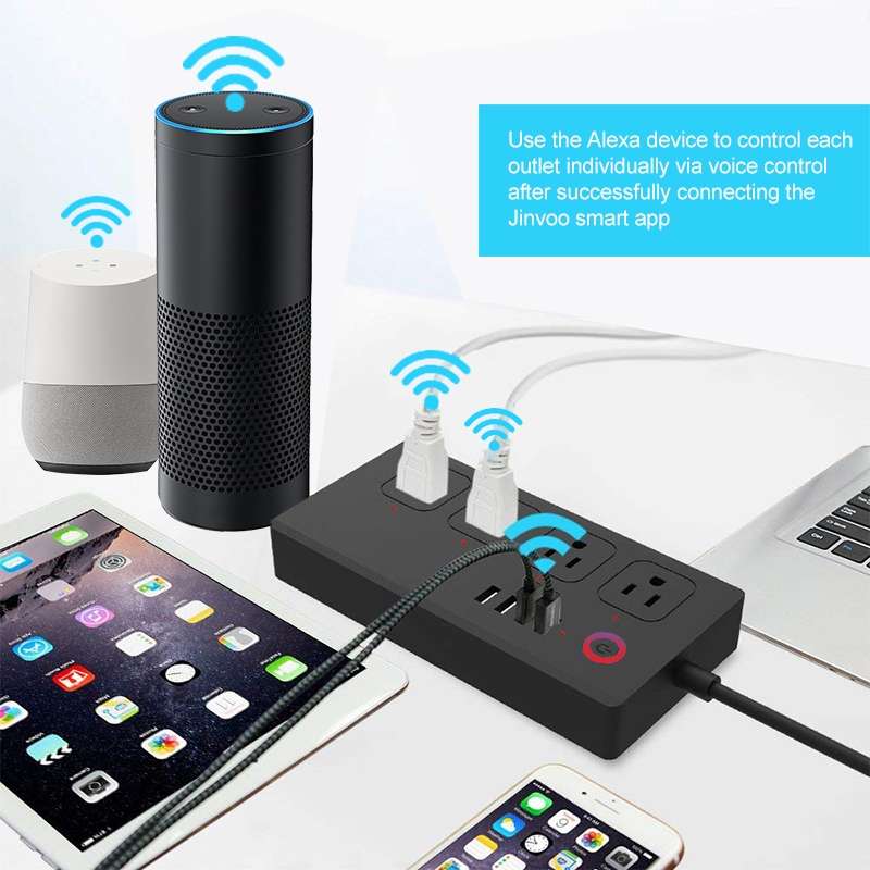 WiFi 10A SM-SO301-U 2500W 4 Holes + 4 USB Smart Power Strip, US Plug(Black)