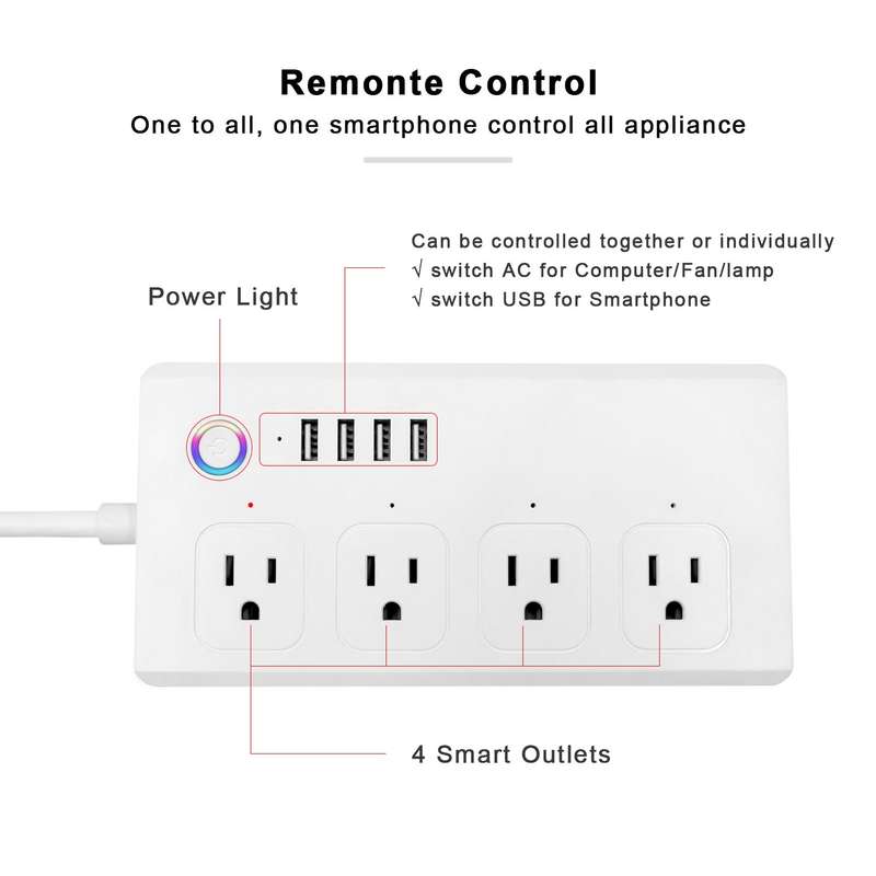 WiFi 10A SM-SO301-U 2500W 4 Holes + 4 USB Smart Power Strip, US Plug(Black)