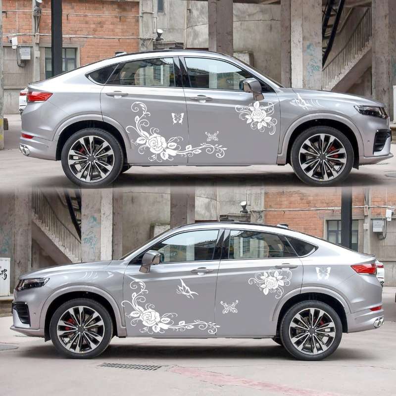 2 PCS/Set D-72 Butterfly Love Flower Pattern Car Modified Decorative Sticker(White)