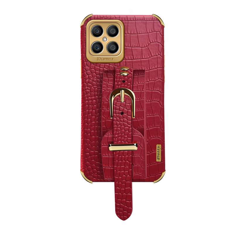 For Honor X8 Electroplated TPU Crocodile Pattern Leather Case with Wrist Strap(Black)
