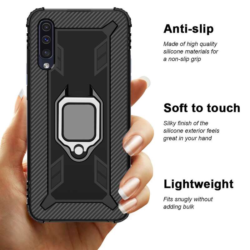 For Galaxy A50s Carbon Fiber Protective Case with 360 Degree Rotating Ring Holder(Black)