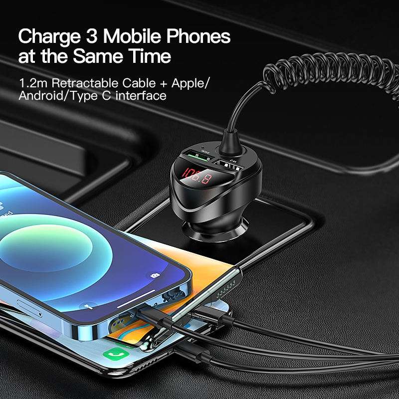C68 LED Digital Display QC3.0 Fast Car Charger 3 in 1 with Spring Cable(Black)