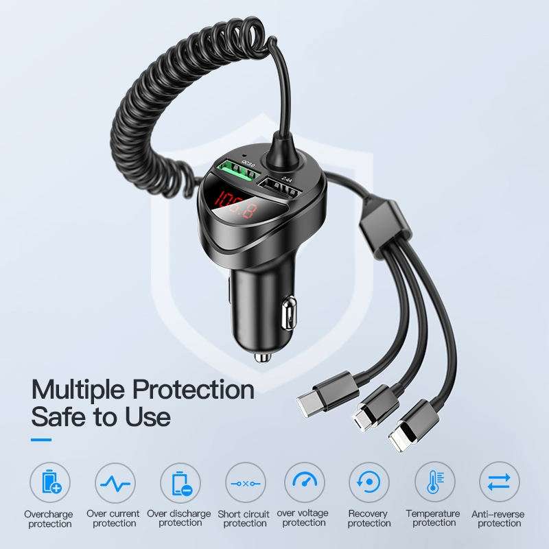 C68 LED Digital Display QC3.0 Fast Car Charger 3 in 1 with Spring Cable(Black)