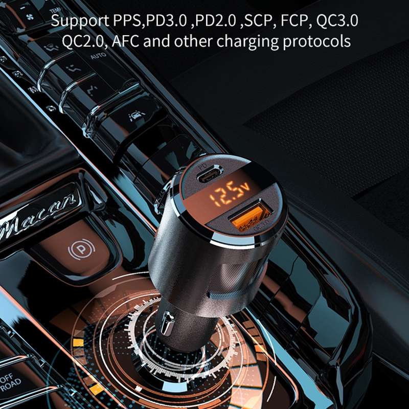SC01 65W QC3.0 + PD Dual Ports Car Charger with Voltage Display(Silver)