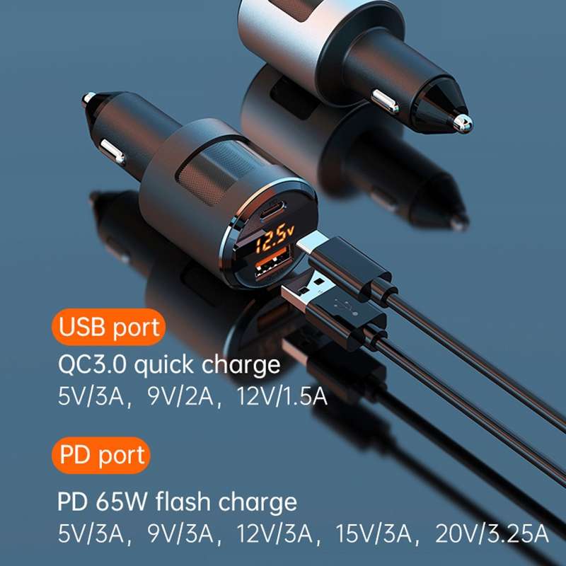 SC01 65W QC3.0 + PD Dual Ports Car Charger with Voltage Display(Silver)