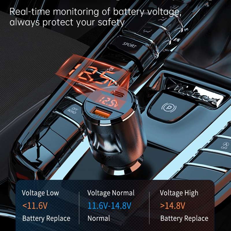 SC01 65W QC3.0 + PD Dual Ports Car Charger with Voltage Display(Silver)
