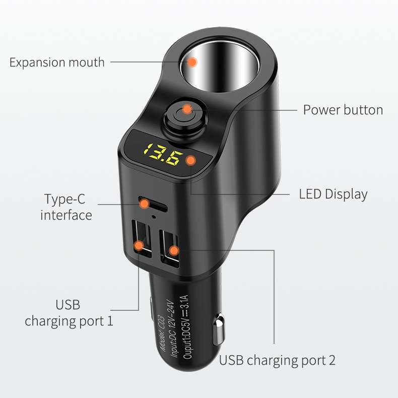 C03 Dual USB Fast Charge Car Charger Voltage Detection with Independent Switch(Black)