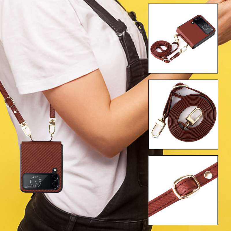 For Samsung Galaxy Z Flip4 Twill Texture Leather Phone Case with Lanyard(Brown)