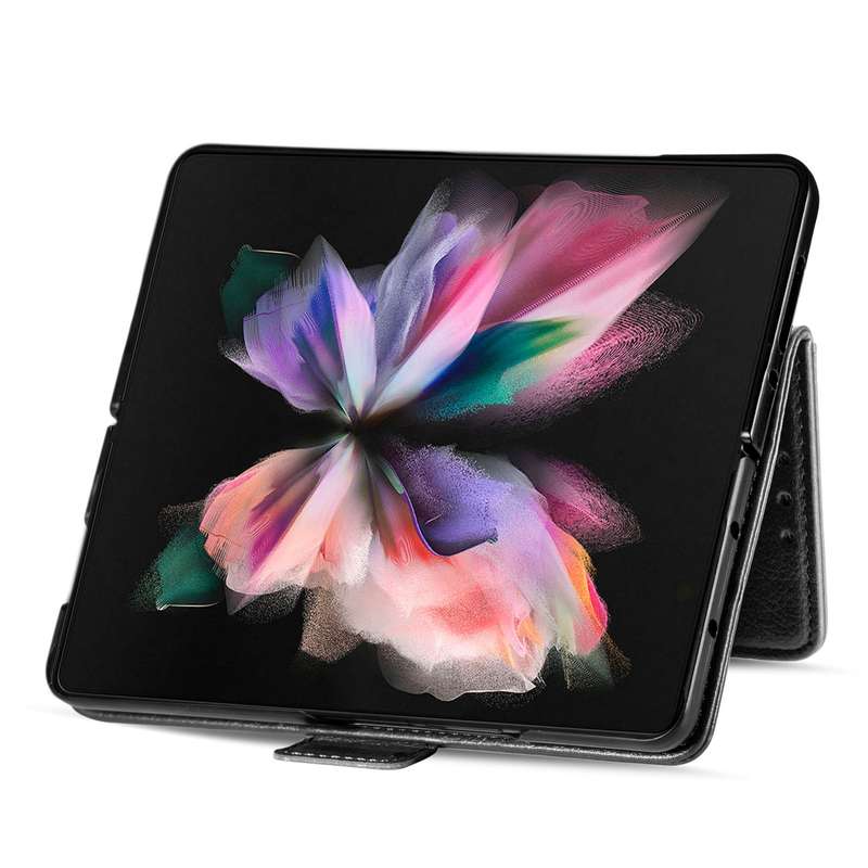 For Samsung Galaxy Z Fold4 5G Litchi Pattern Folding Phone Case with Pen & Card Slots (Black)
