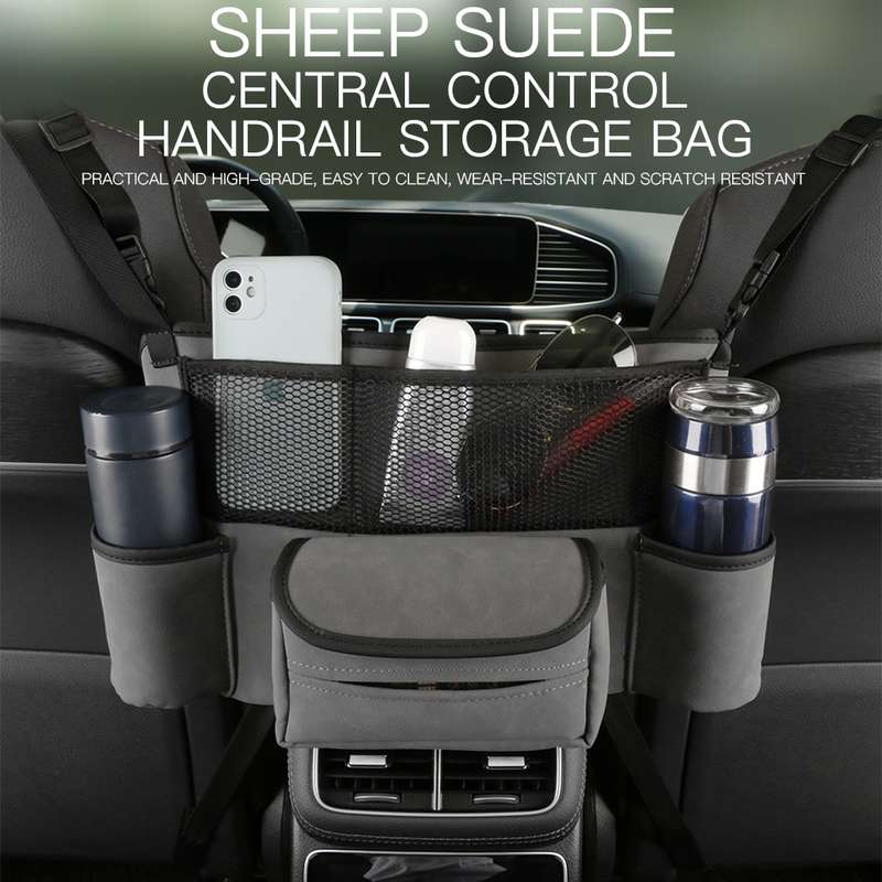 Car Center Console Hanging Bag Sheepskin Leather Storage Bag(Blue)