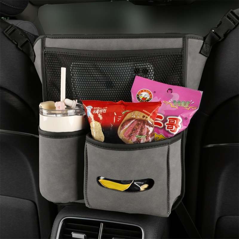 Car Center Console Hanging Bag Sheepskin Leather Storage Bag(Grey)