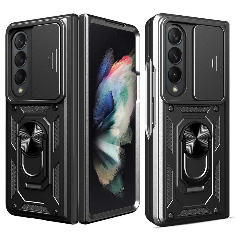For Samsung Galaxy Z Fold4 Lanyard Slide Camshield Ring Phone Case(Black)