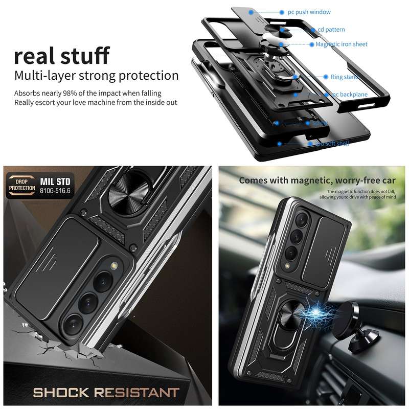 For Samsung Galaxy Z Fold4 Lanyard Slide Camshield Ring Phone Case(Black)