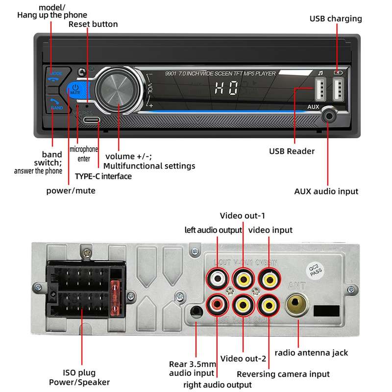 9901 7 inch Car Retractable MP5 Player Supports FM & Mobile Phone Internet