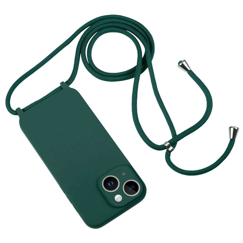For iPhone 14 Crossbody Lanyard Liquid Silicone Case(Clover Green)