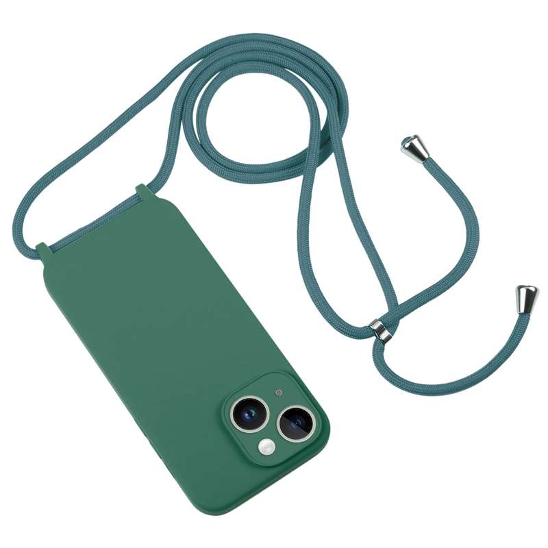 For iPhone 14 Crossbody Lanyard Liquid Silicone Case(Clover Green)