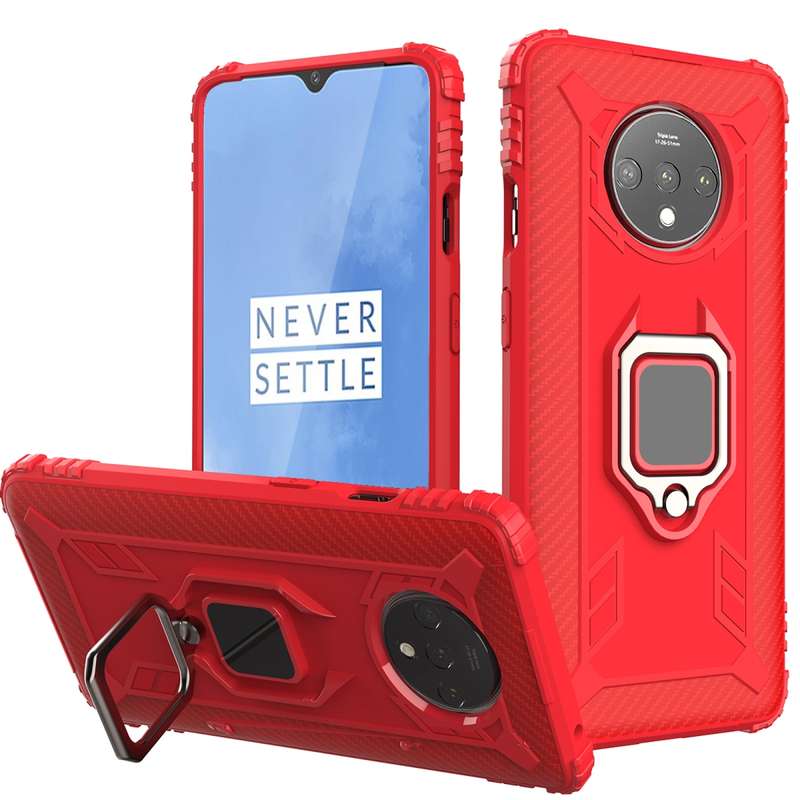 For OnePlus 7T Carbon Fiber Protective Case with 360 Degree Rotating Ring Holder(Black)