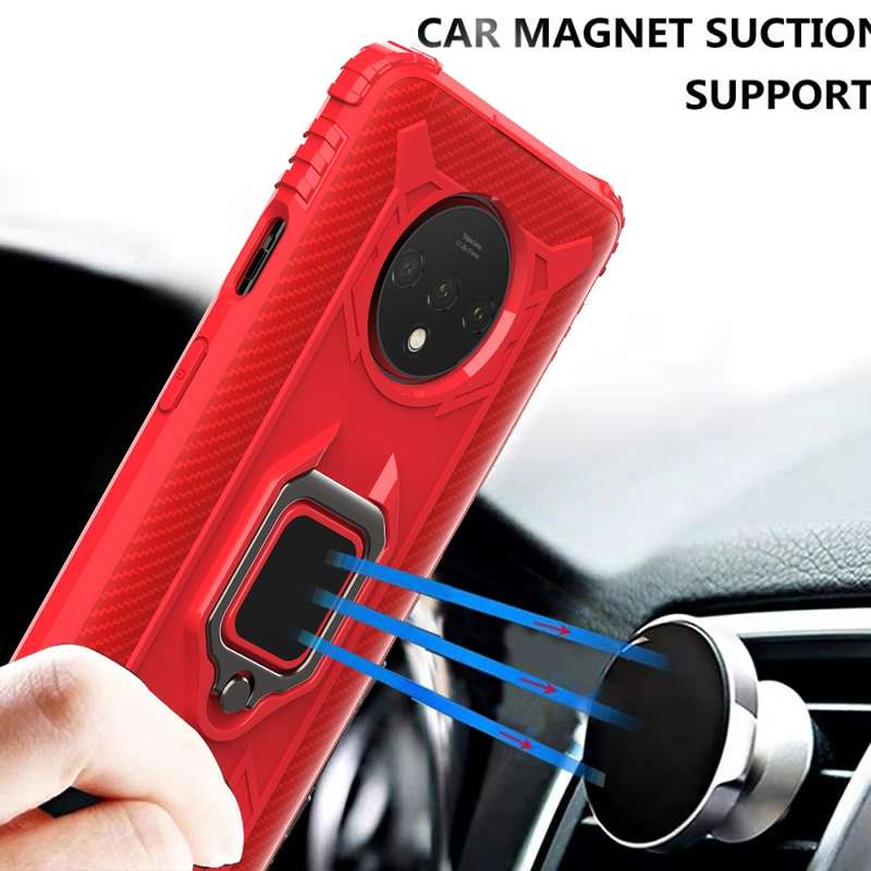 For OnePlus 7T Carbon Fiber Protective Case with 360 Degree Rotating Ring Holder(Black)