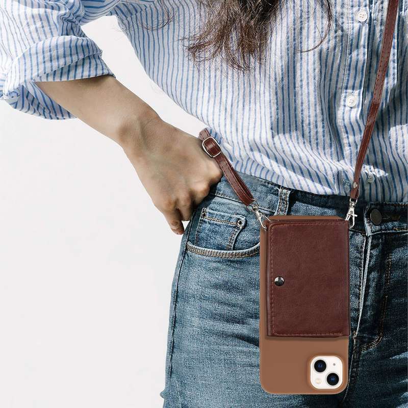 For iPhone 14 Crossbody Lanyard Wallet Card Bag Phone Case(Coffee)