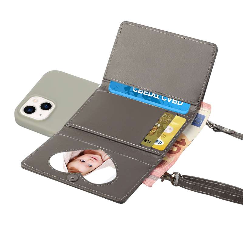 For iPhone 14 Plus Crossbody Lanyard Wallet Card Bag Phone Case(Grey)
