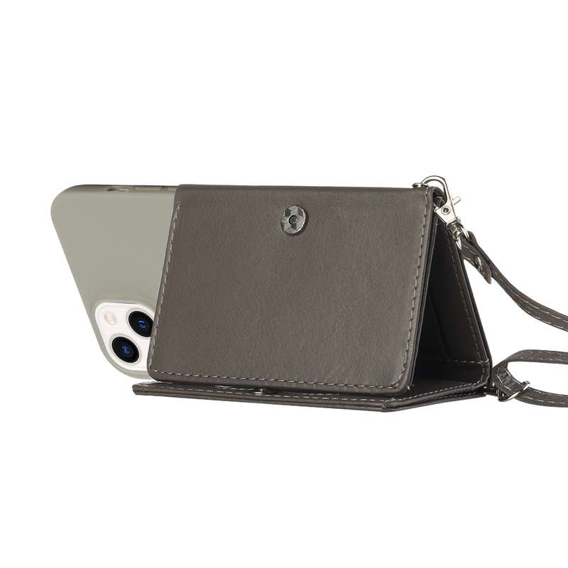 For iPhone 14 Plus Crossbody Lanyard Wallet Card Bag Phone Case(Grey)