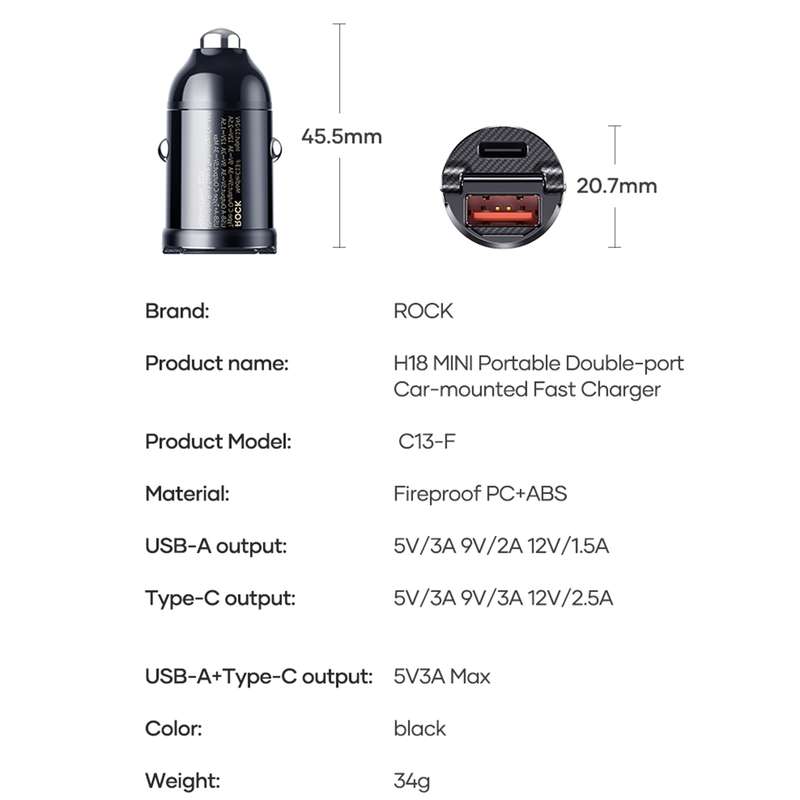 ROCK C13-F H18 Mini Portable Dual Port USB + USB-C / Type-C Car Fast Charger