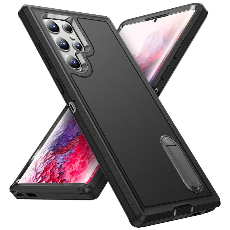 For Samsung Galaxy S23 ultra 5G 3 in 1 Rugged Holder Phone Case(Grey+Green)