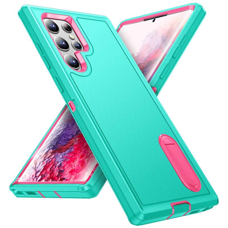 For Samsung Galaxy S23 ultra 5G 3 in 1 Rugged Holder Phone Case(Grey+Green)