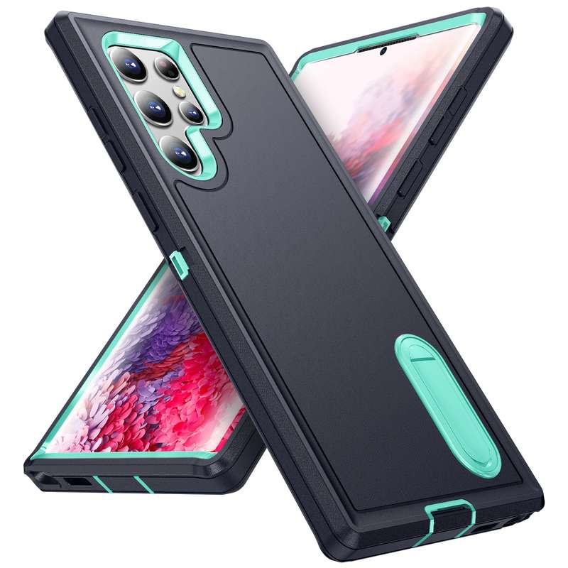 For Samsung Galaxy S23 ultra 5G 3 in 1 Rugged Holder Phone Case(Grey+Green)