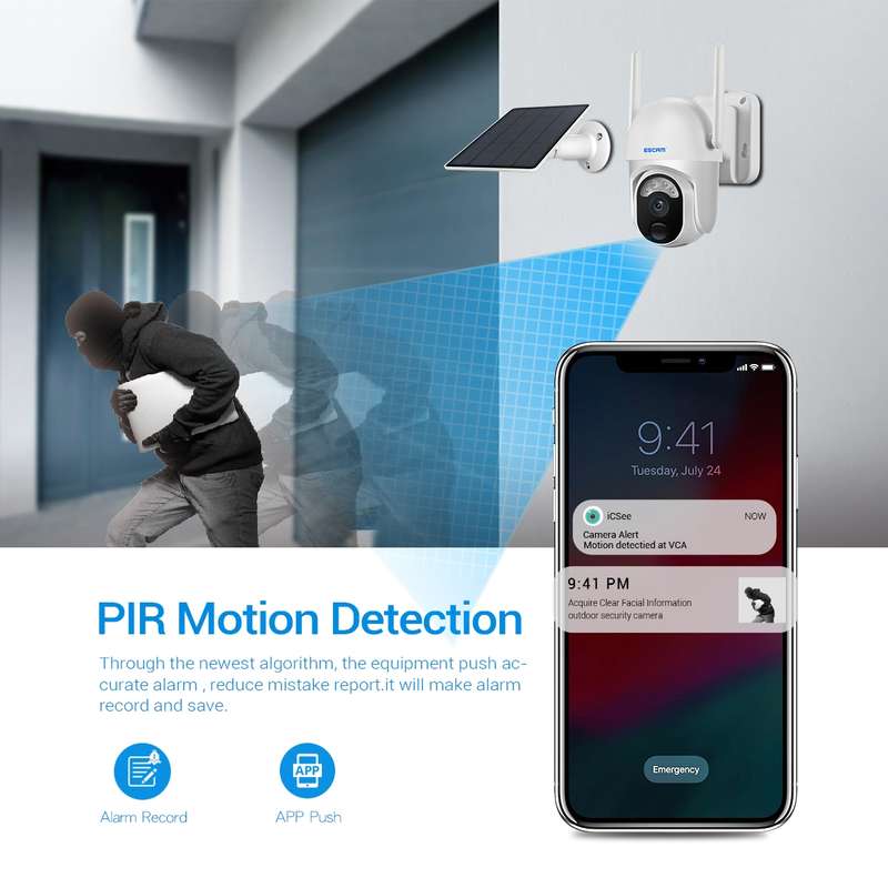 ESCAM QF103 3MP Cloud Storage PT WIFI PIR Alarm IP Camera with Solar Panel Battery Support Full Colo
