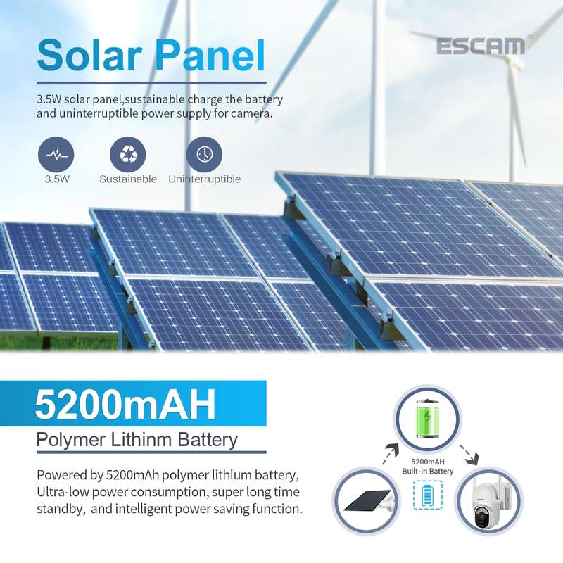 ESCAM QF103 3MP Cloud Storage PT WIFI PIR Alarm IP Camera with Solar Panel Battery Support Full Colo