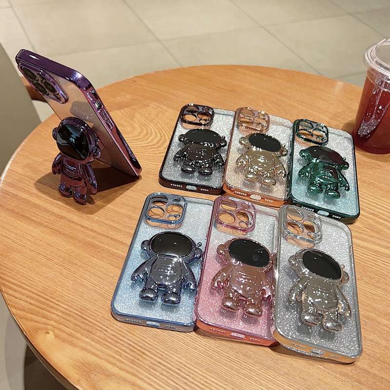 For iPhone 14 Pro Max Astronaut Holder Gradient Glitter Powder Phone Case(Purple)