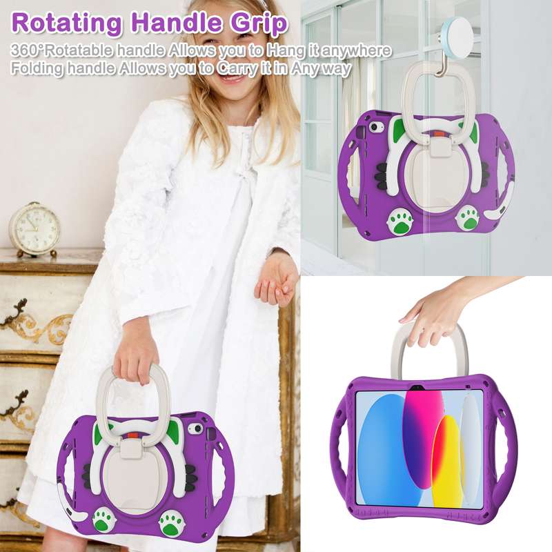 For iPad 10th Gen 10.9 2022 Cute Cat King Kids Shockproof Silicone Tablet Case(Purple)