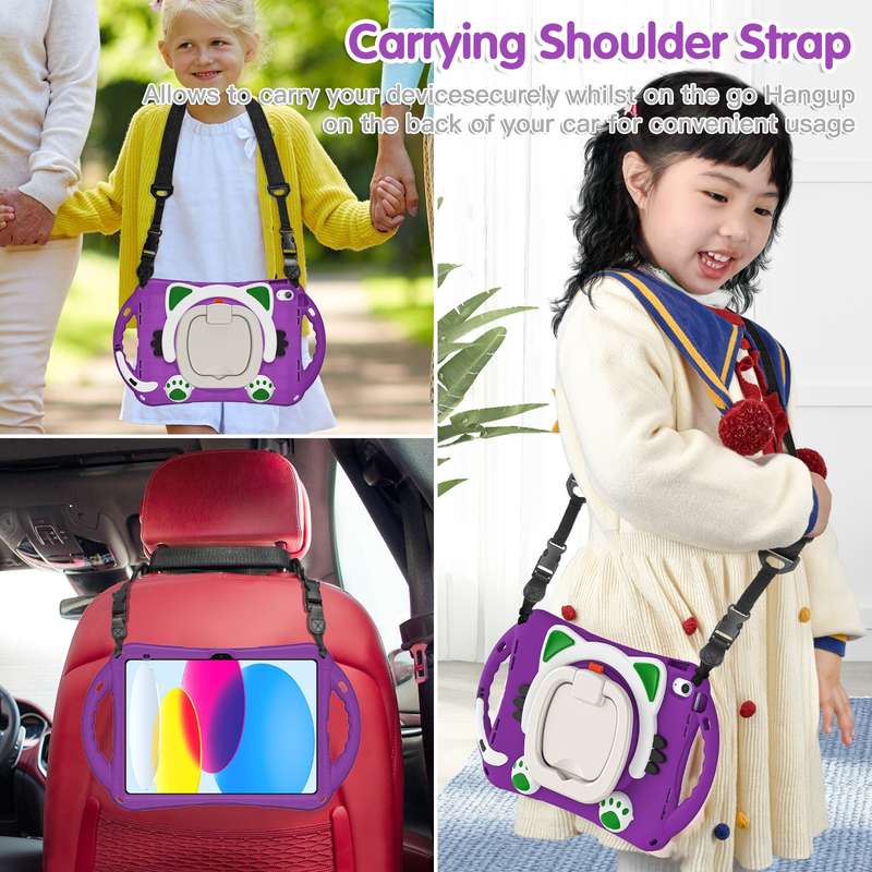 For iPad 10th Gen 10.9 2022 Cute Cat King Kids Shockproof Silicone Tablet Case(Purple)