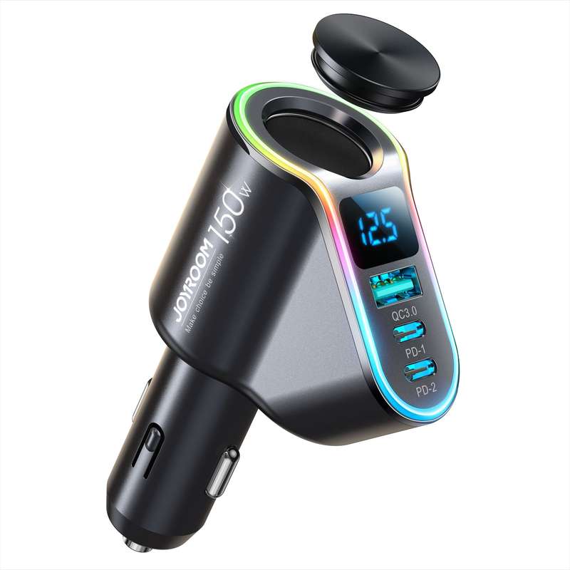 JOYROOM JR-CL21 150W 4-in-1 USB + Type-Cx2 Car Charger with Cigarette Lighter(Black)