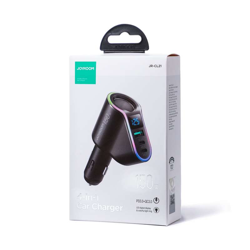 JOYROOM JR-CL21 150W 4-in-1 USB + Type-Cx2 Car Charger with Cigarette Lighter(Black)