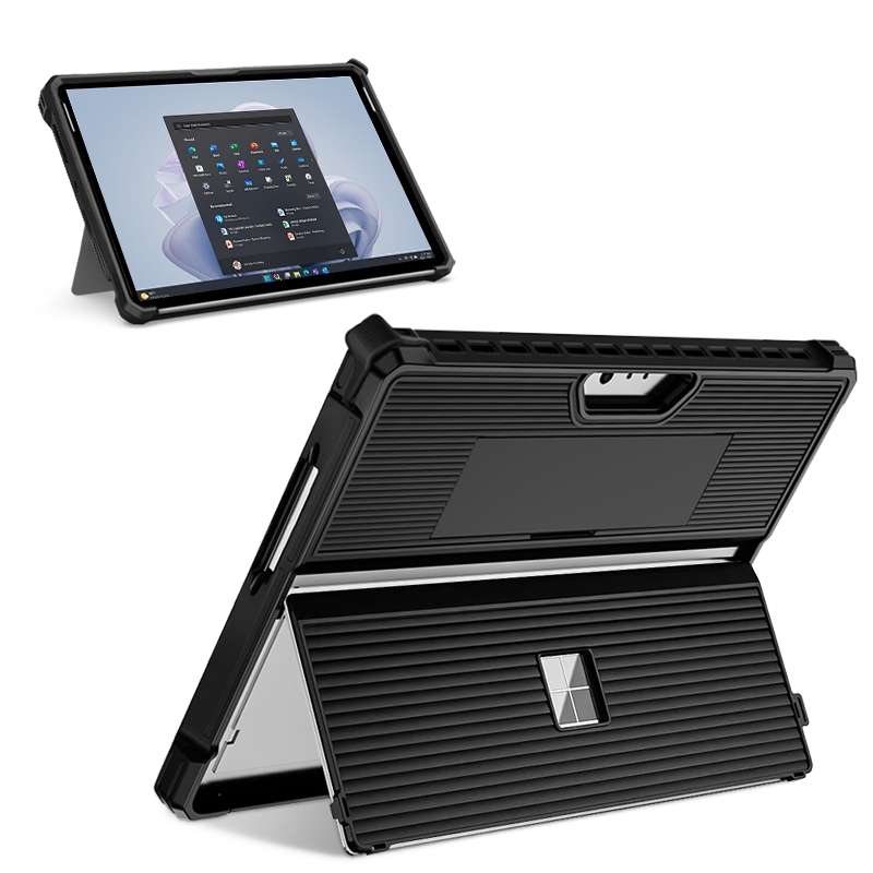 For Microsoft Surface Pro 9 Striped Hollow Tablet Case with Holder Cover(Black)